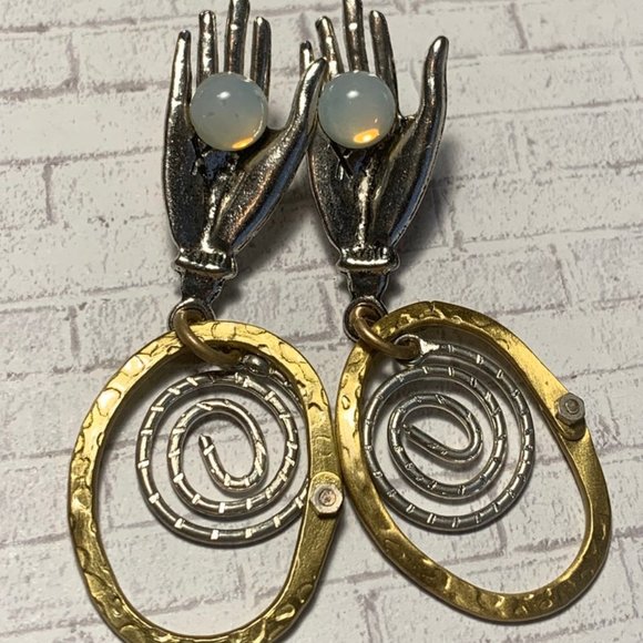 Brass Silver Pewter Moonstone Hand Goddess Earring - Picture 3 of 4